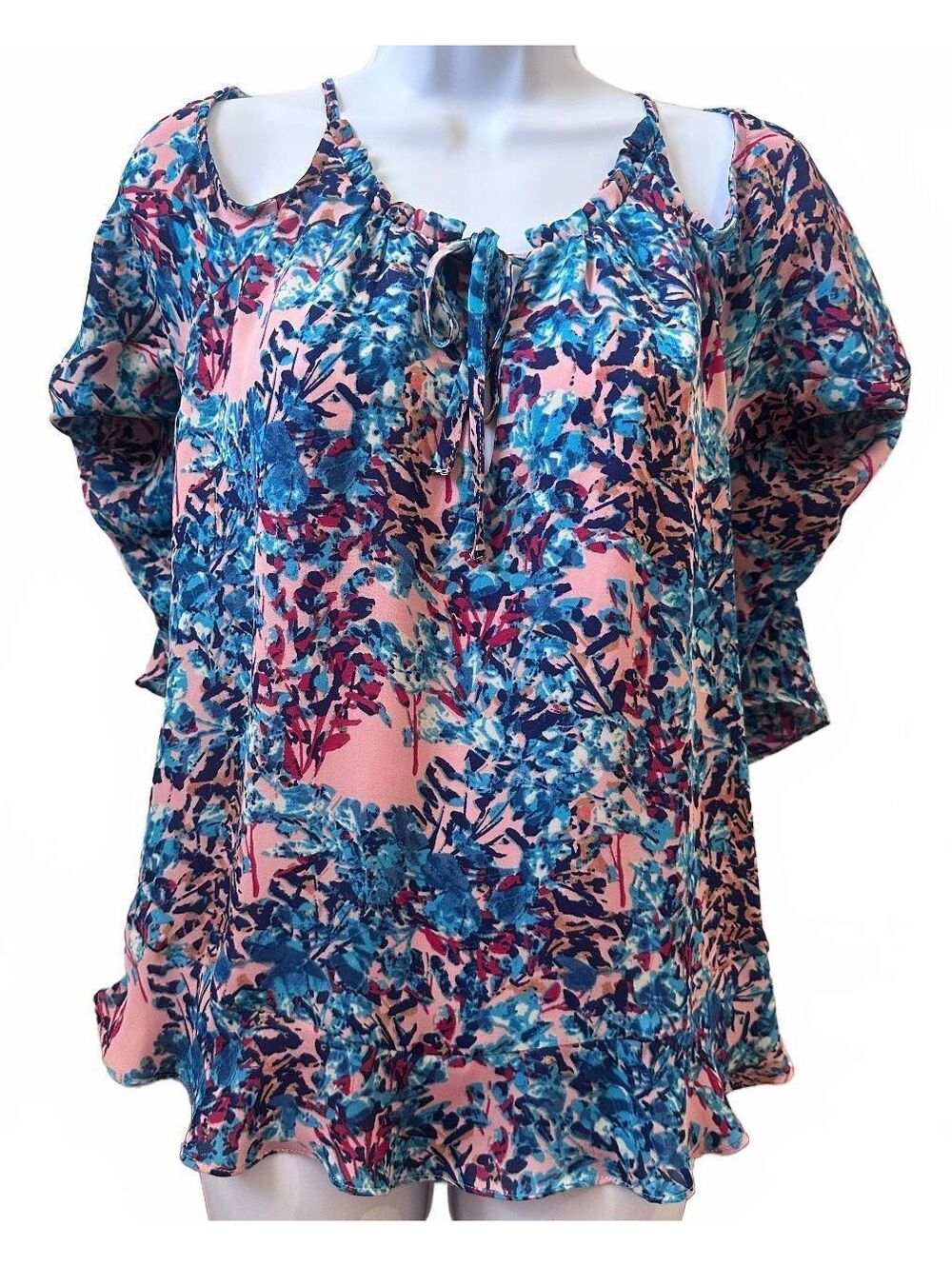 Parker Floral Cold Shoulder Peasant Blouse Pink Blue Cutout Top, Small, $278